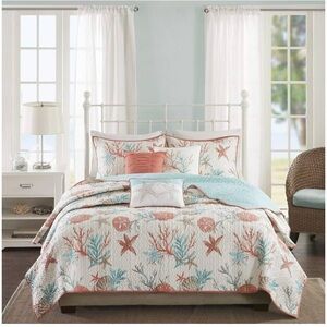 Madison Park Coral King Size Pebble Beach Starfish Quilt+2 King Pillowcase Shams